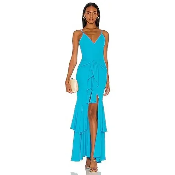 PatBO Bo Maxi Dress Turquoise Blue Viscose Ruched V-Neck Slit Resort Event 4